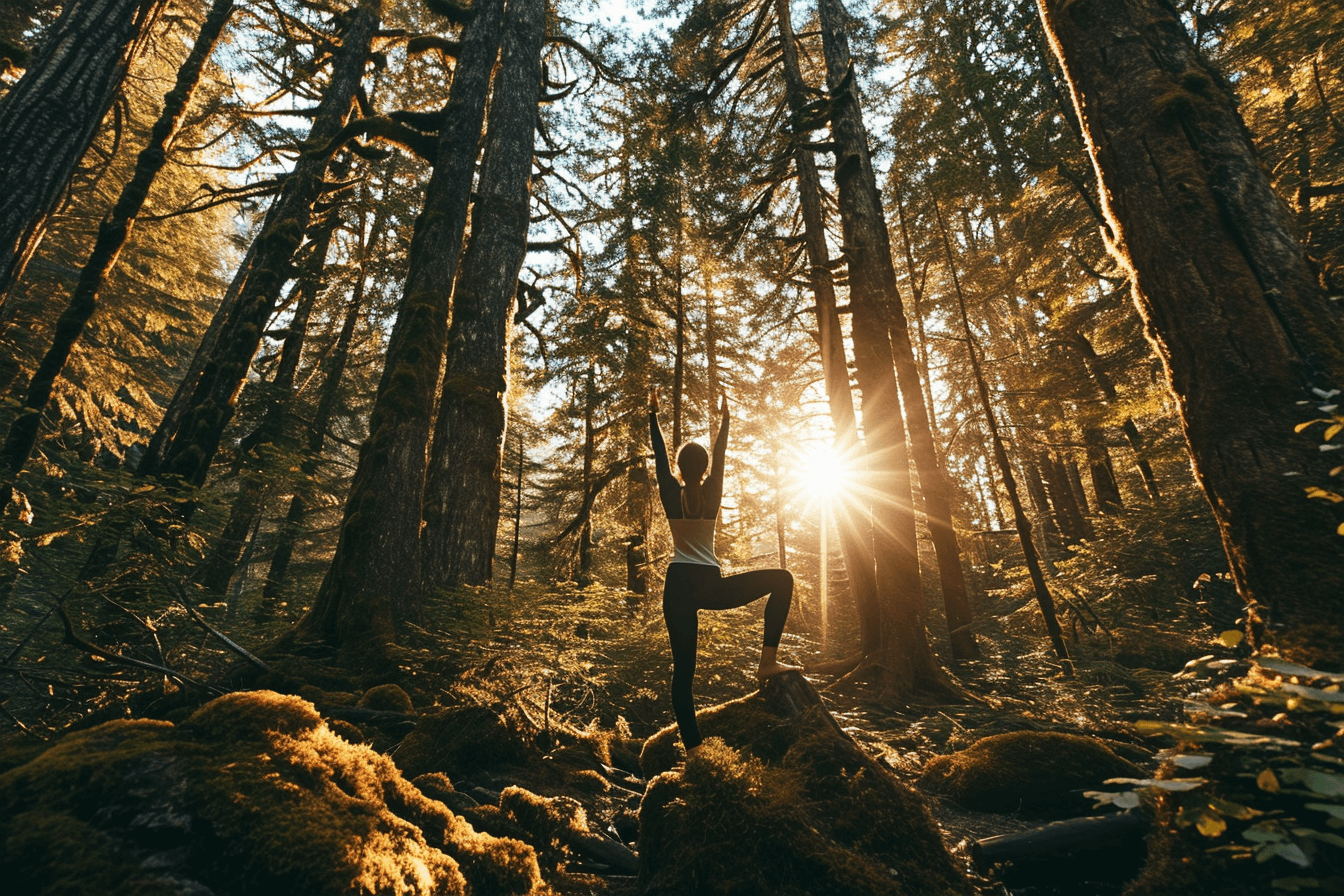 A woman practicing yoga in a forest.