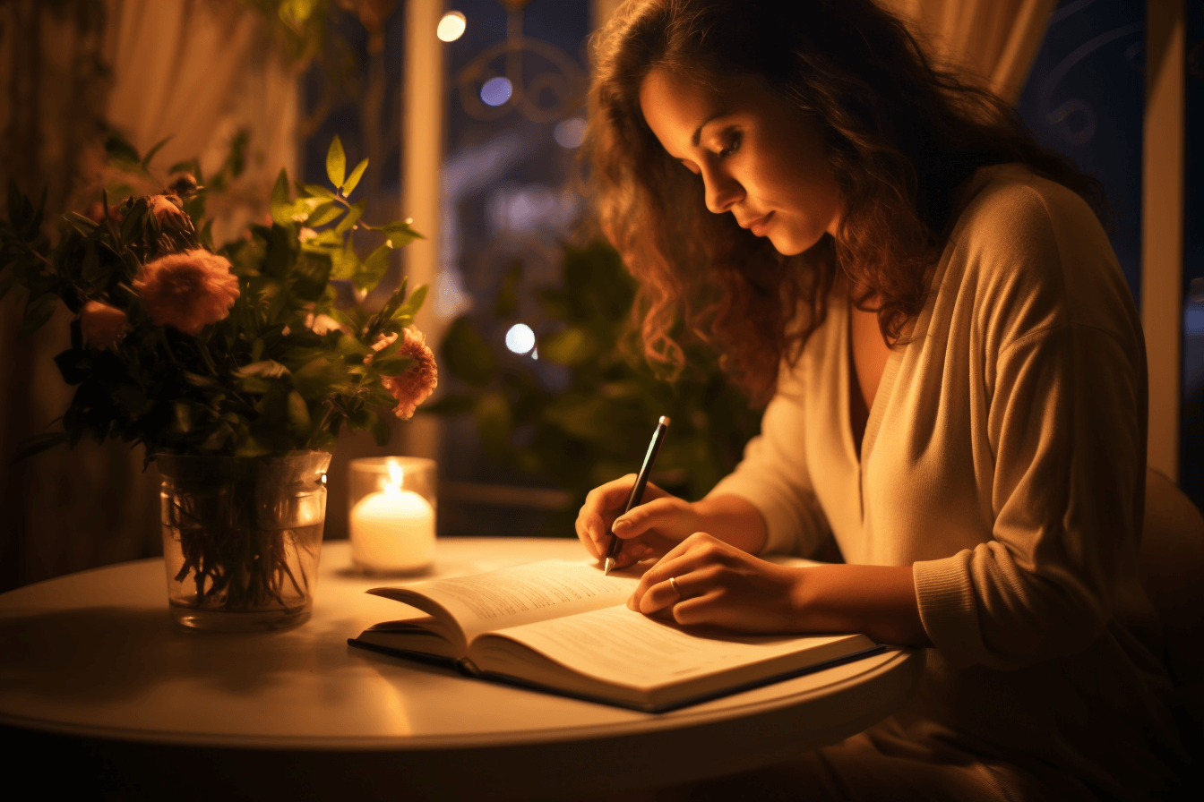 A woman writing in a notebook at night.
