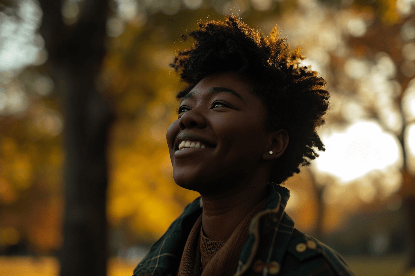 A young black woman is smiling in a park.