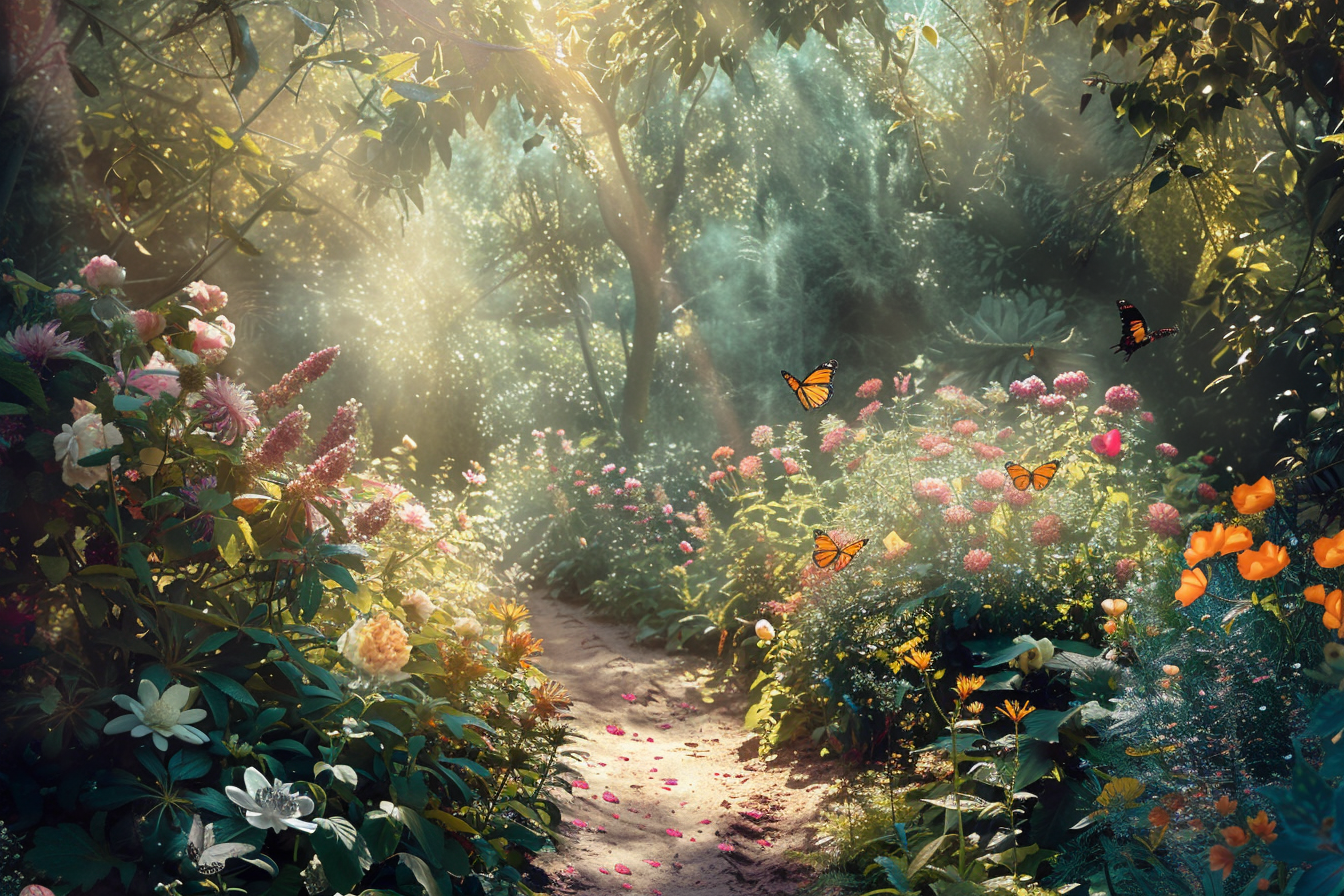 A path through a garden with butterflies and flowers.