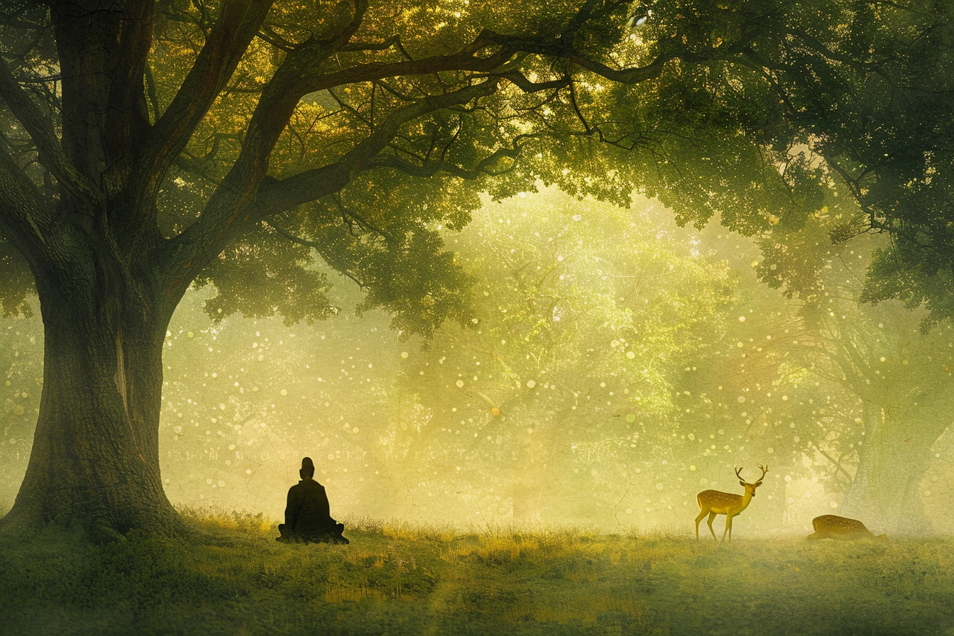 A deer and a buddha in a forest.