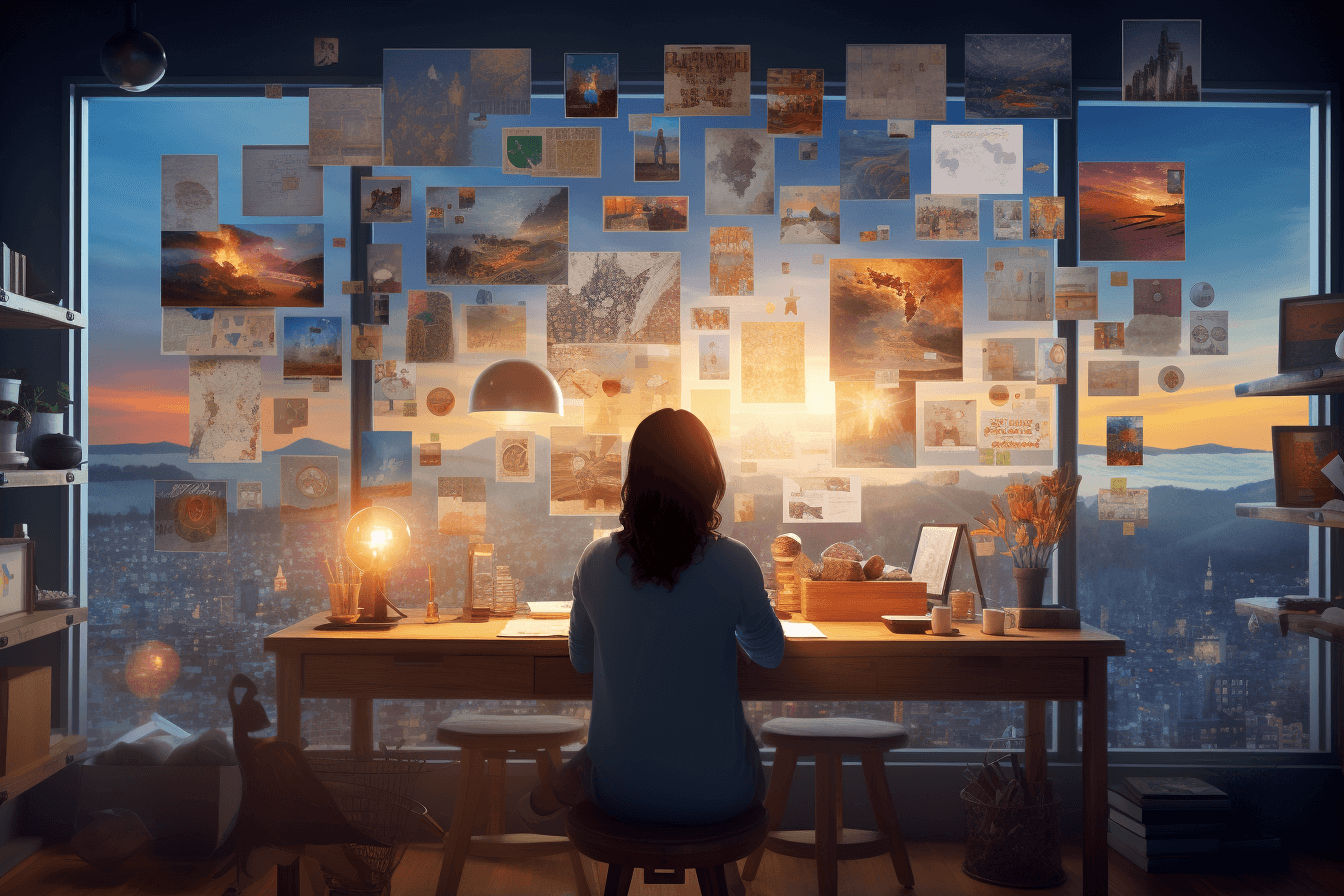 A woman sitting at a desk with pictures on the wall.