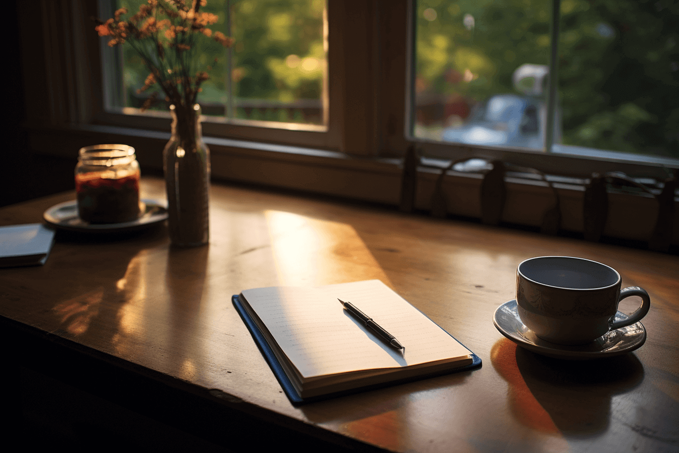 A notebook and a cup with daily affirmations on a table.