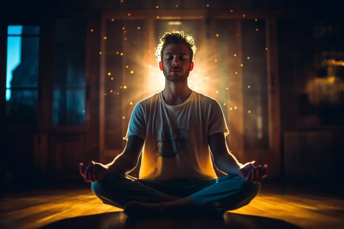 A man is meditating in front of a bright light, finding stress relief through nighttime affirmations.