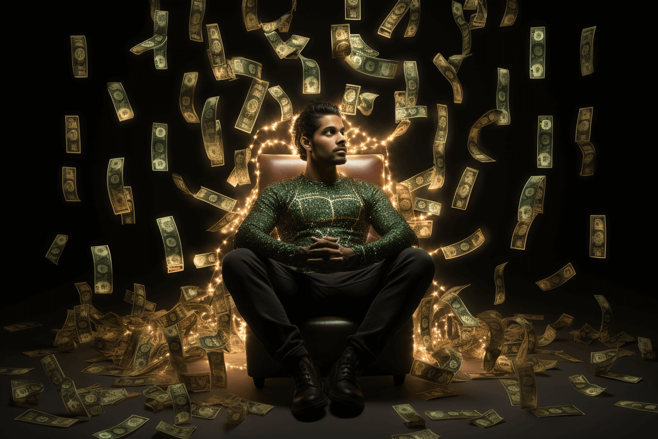 A man sitting in a chair surrounded by money, experiencing the power of money affirmations.