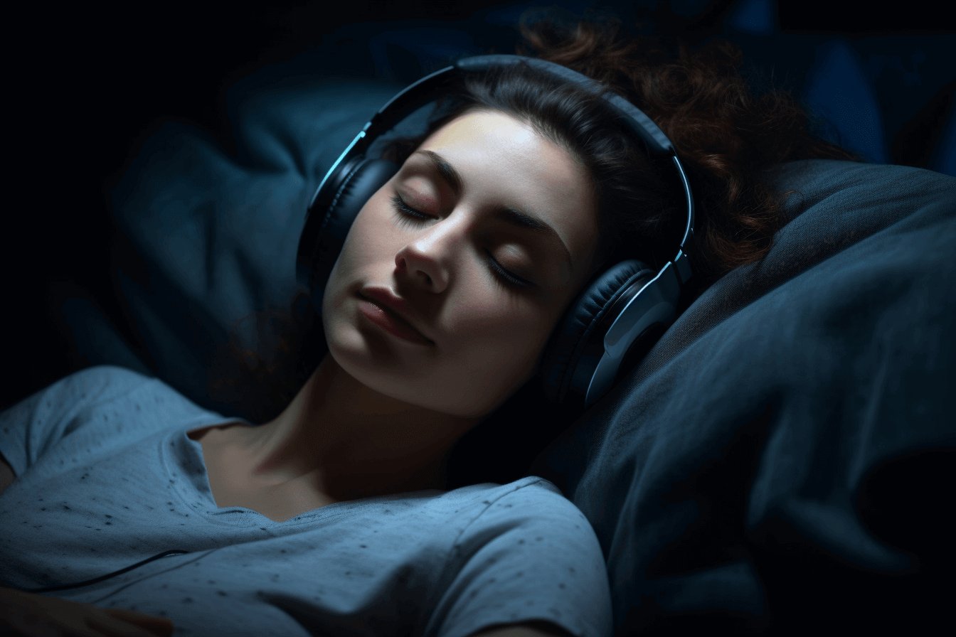 A woman is peacefully sleeping in a bed with headphones playing sleep affirmations