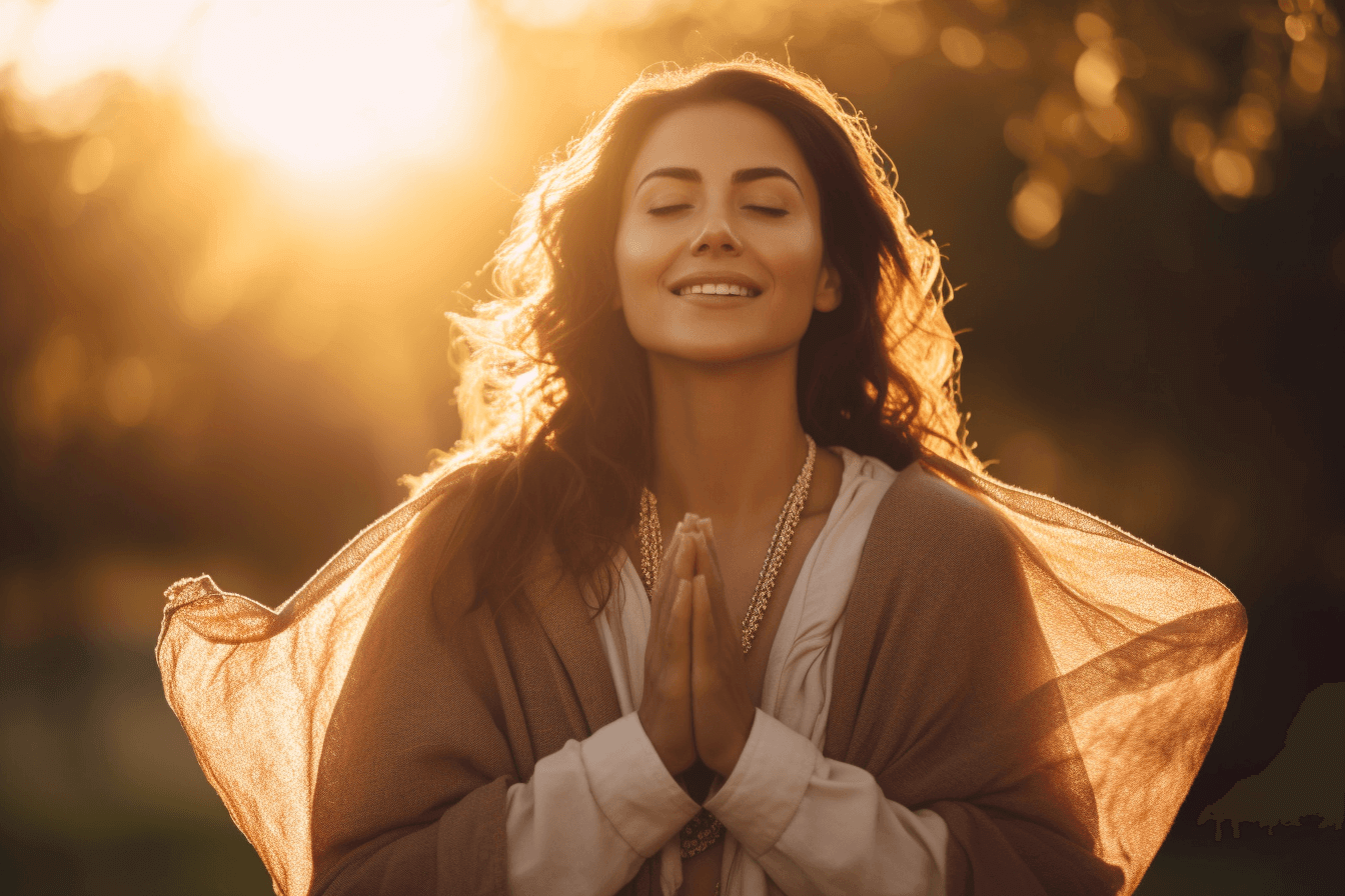 A woman on her wellness journey meditating in front of the sun.