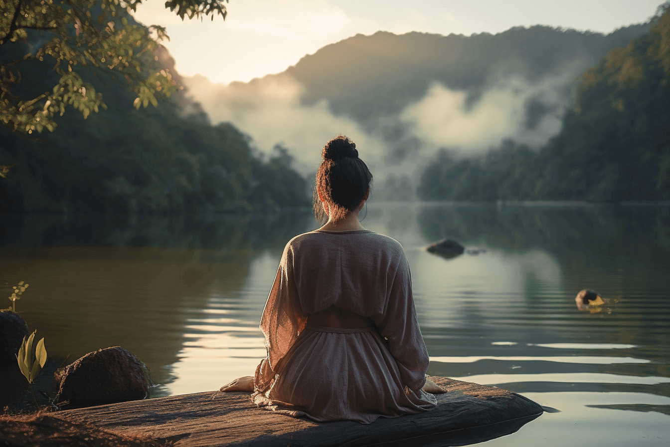 A woman sits on a log near a lake and practices Innertune affirmations to combat anxiety.