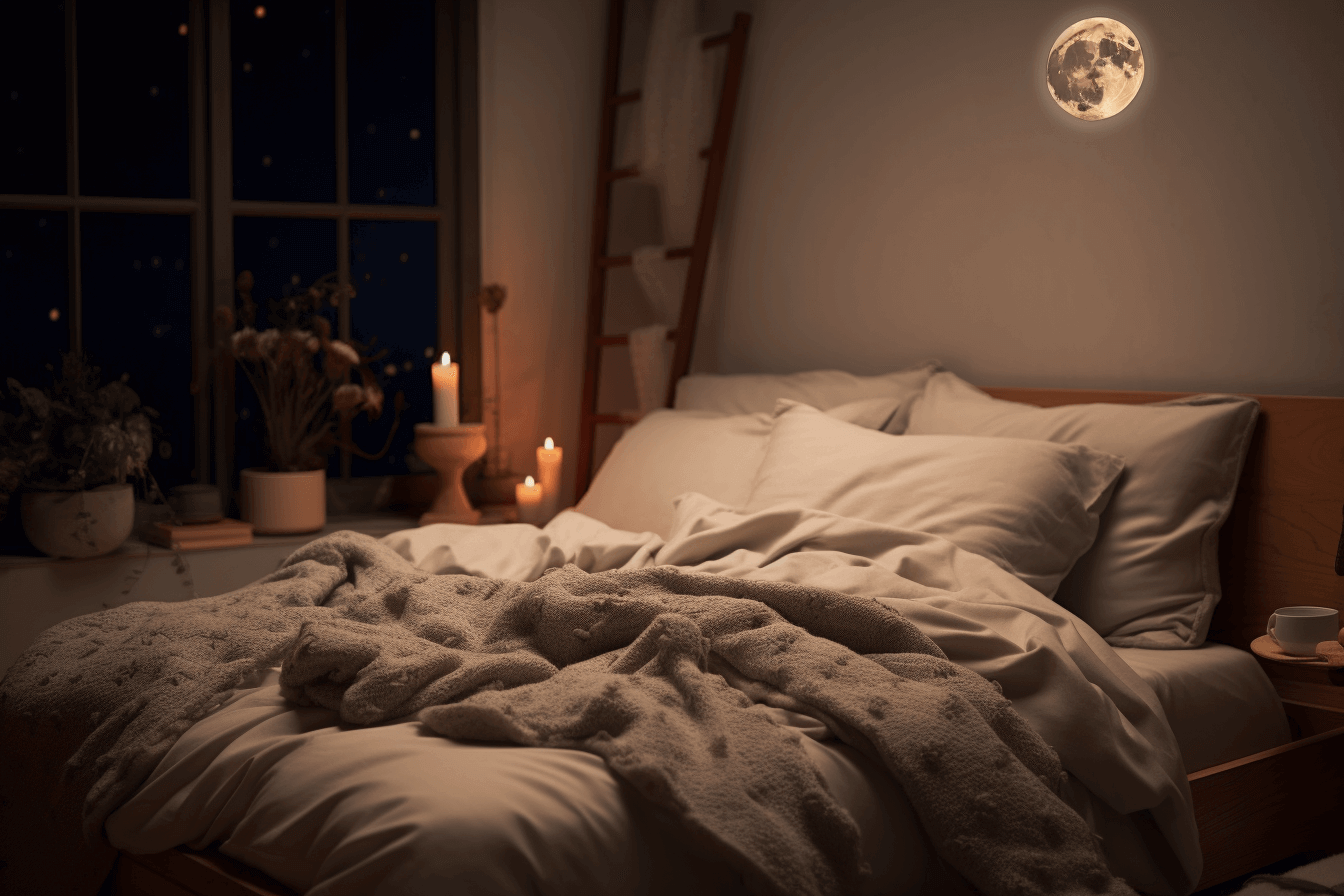 A bed in a room with a full moon in the background, well-being and transformative mindset shifts during sleep.