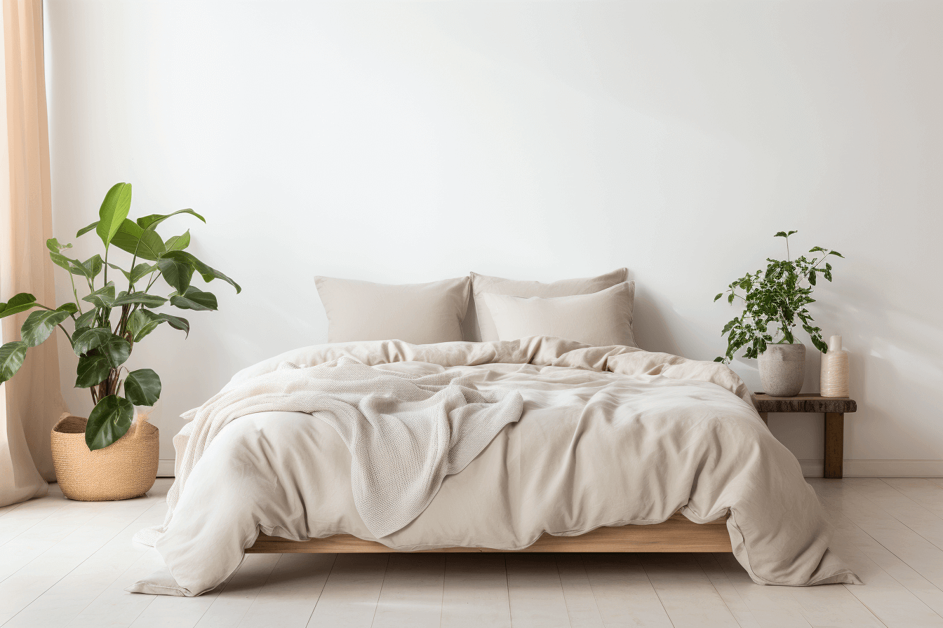 A bed in a white room with a plant on the floor.