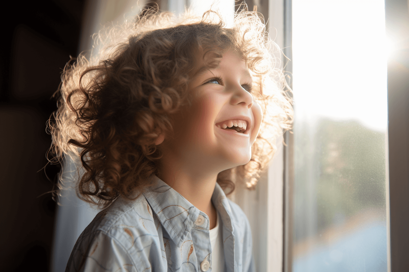 A young boy with curly hair looking out a window, fostering children's self-esteem.