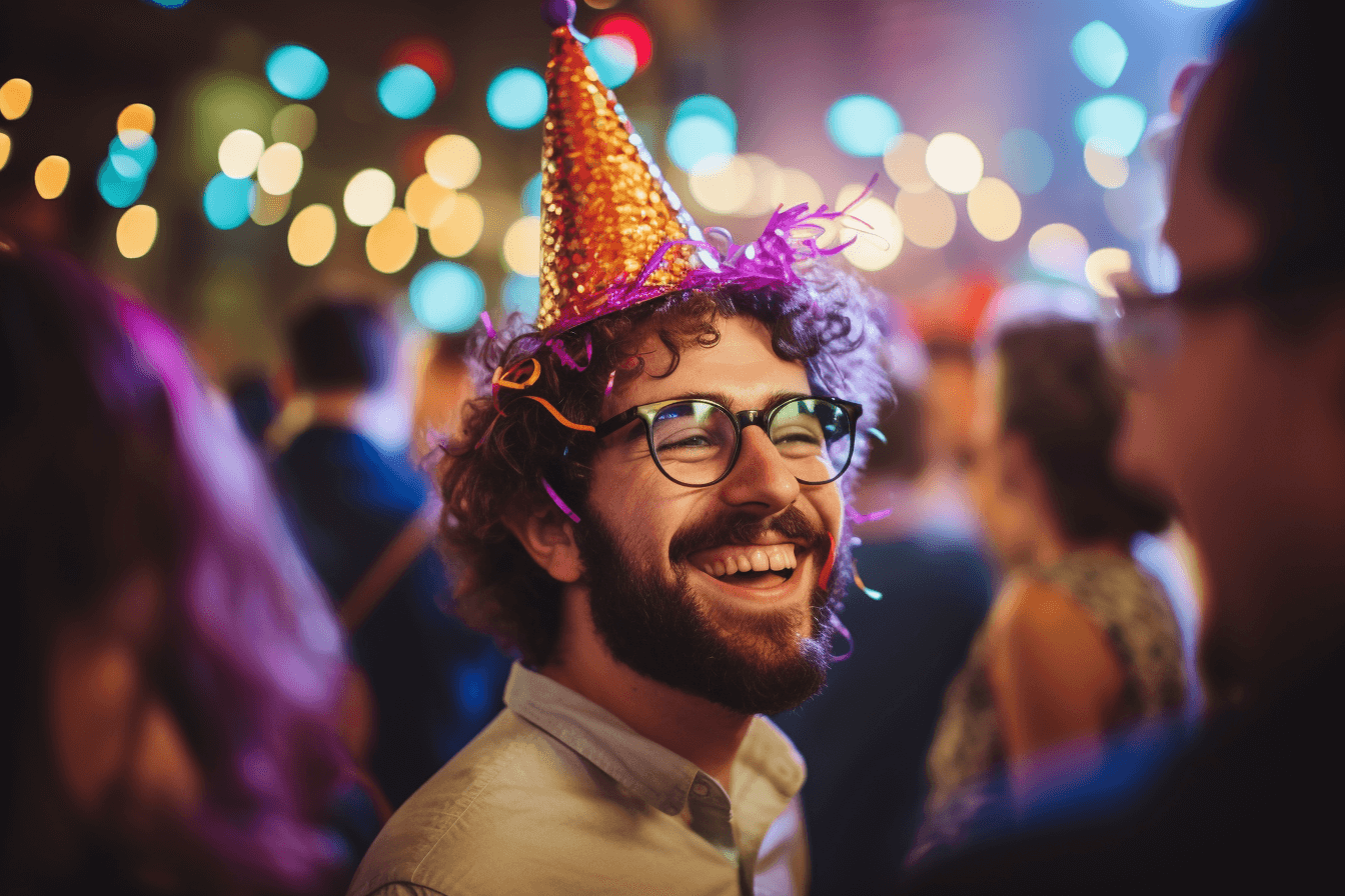 A man sporting a party hat at a hilarious party, filled with comedic potential.