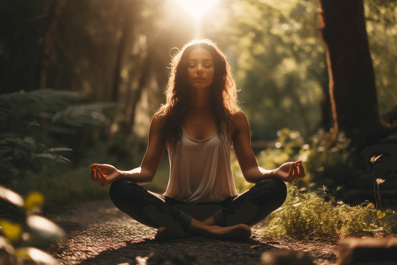A woman peacefully meditating in the forest, using Root Chakra affirmations.