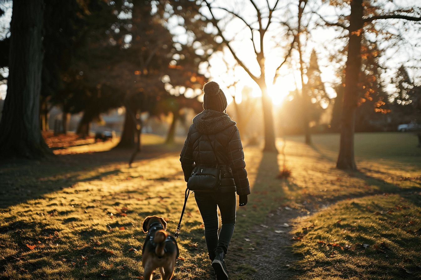 A woman walking her dog in a park at sunset.