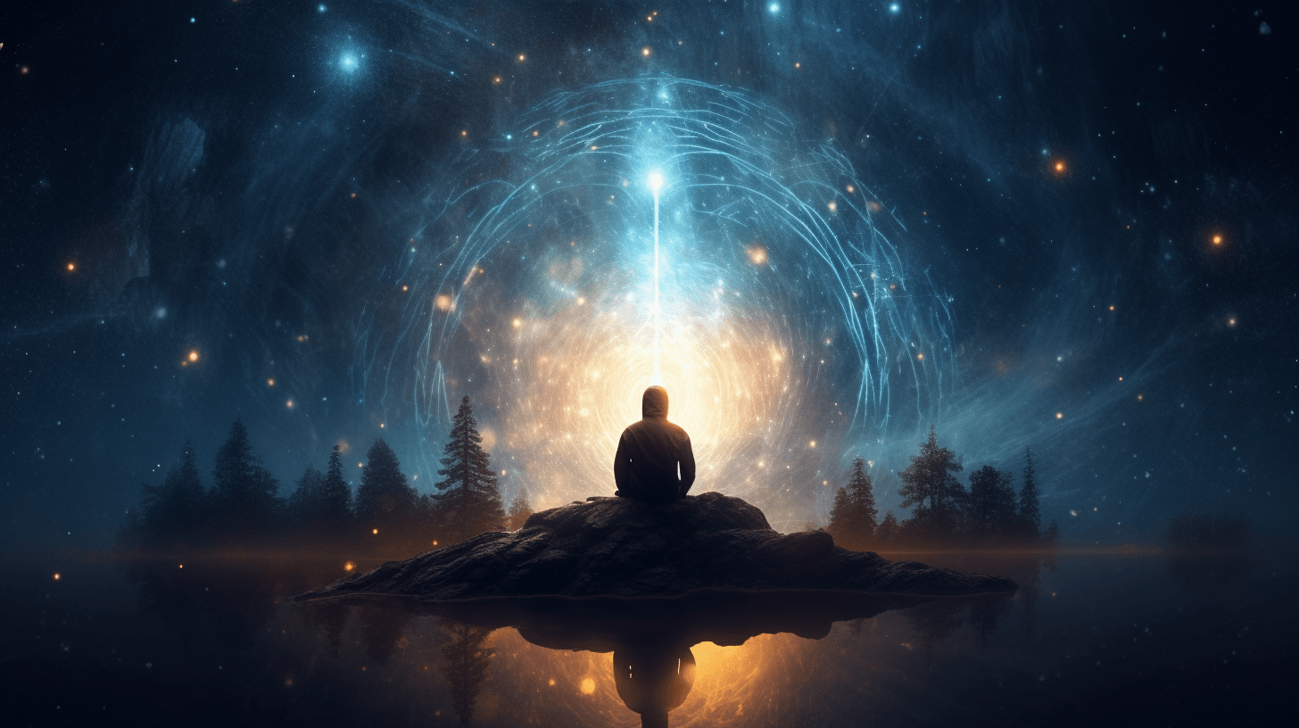 A man manifesting powerful thoughts while sitting on a rock in front of a starry sky.