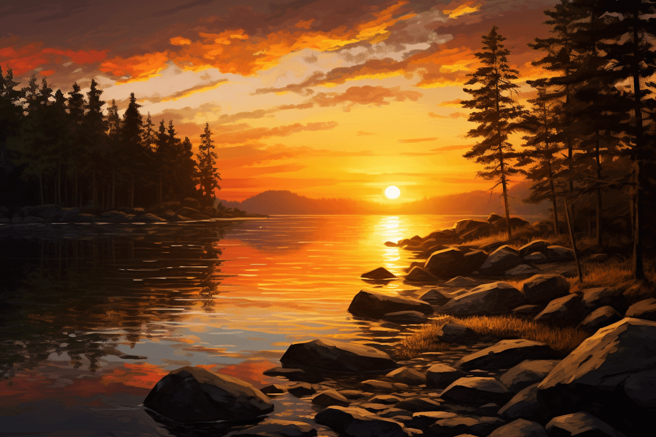 A painting of a positive end sunset over a lake with rocks and trees representing Friday Affirmations
