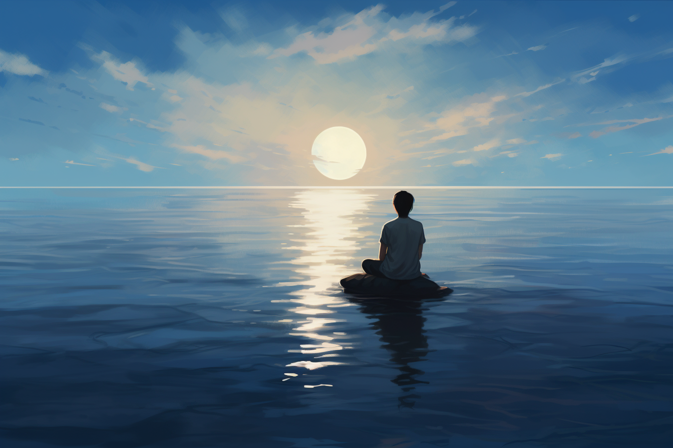 A man sitting on a rock in the water, connected to his inner wisdom and utilizing his intuitive abilities.