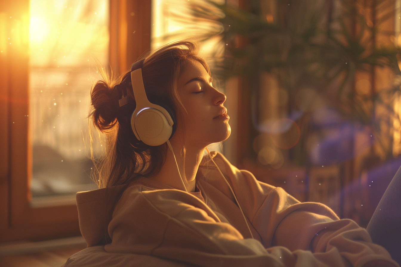 A woman is listening to music on a couch, experiencing the transformative power.