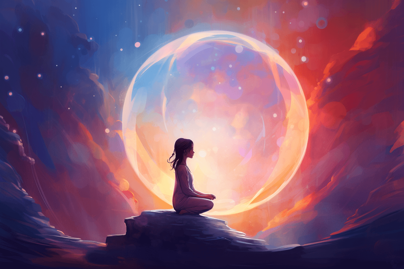 A woman sitting on a rock, visualizing her dreams and unlocking her mind's potential in front of a colorful sphere.