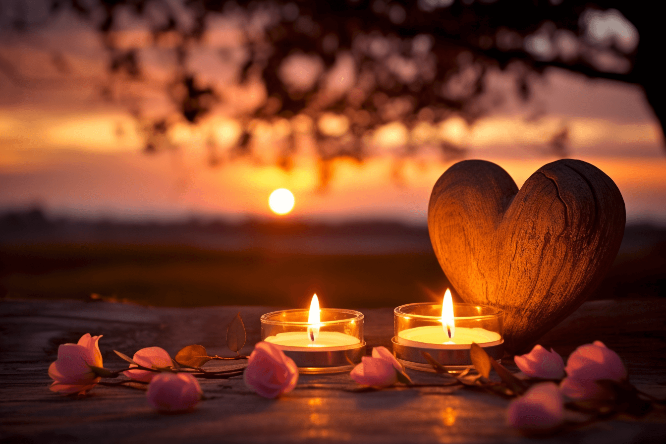 Two candles in a heart shape on a wooden table at sunset, symbolizing the power of love and relationships.