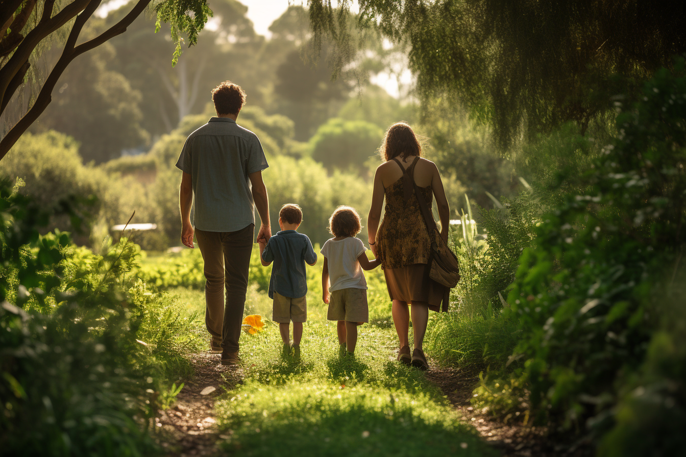 A family practicing mindful parenting while walking together along a sunlit forest path.