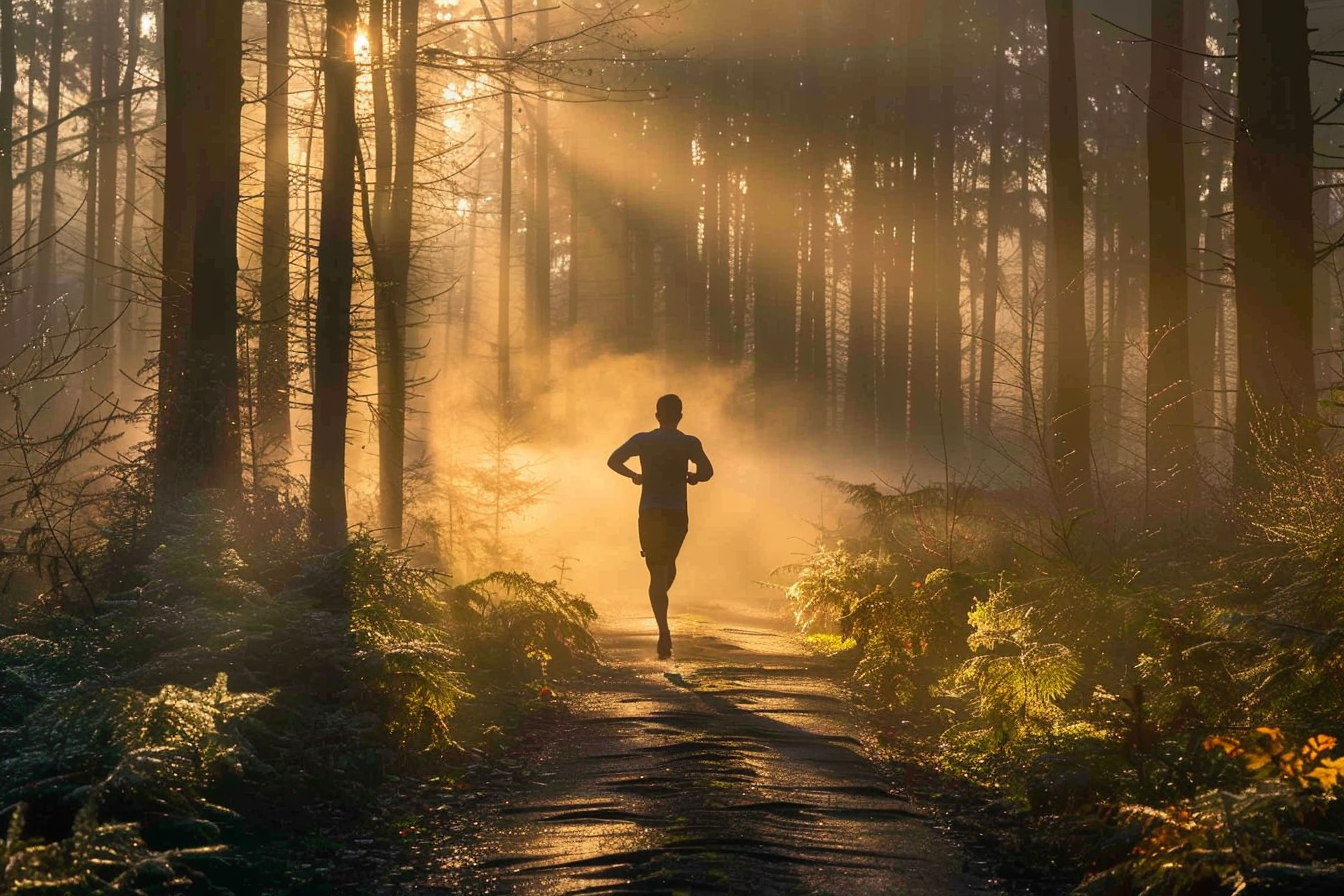 A person jogging on a forest path with beams of sunlight streaming through the mist and trees.