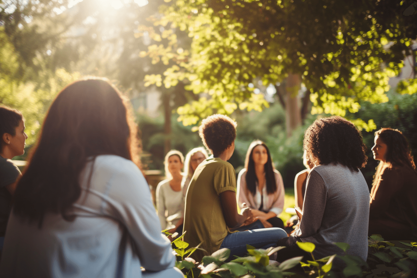 A group of diverse people sitting in a circle outdoors