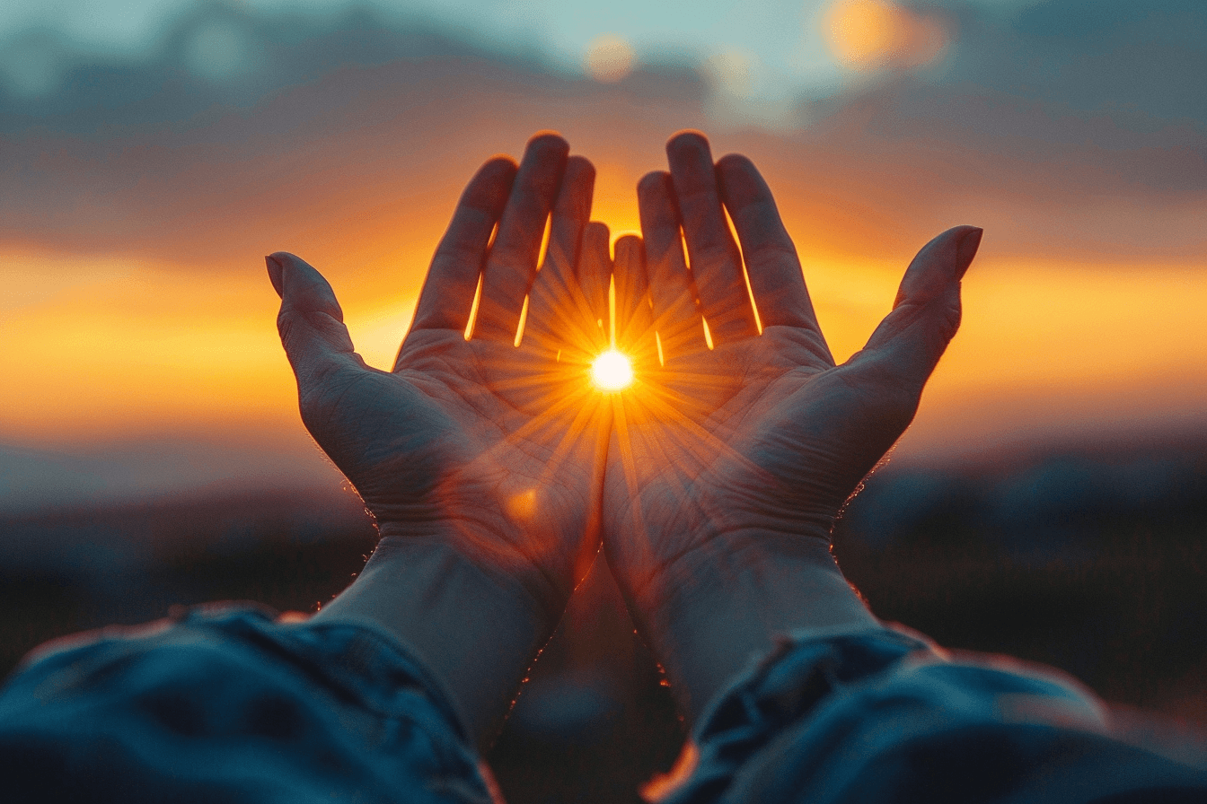 Two hands held together in front of a setting sun, with the sun's rays visible between the palms.