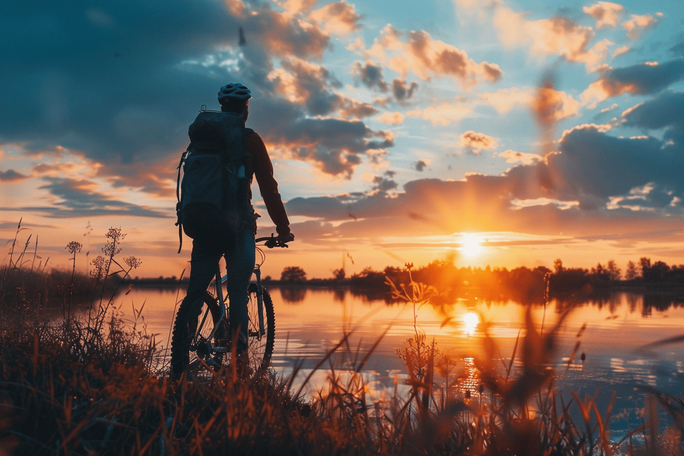 A cyclist stands beside a bike, overlooking a lake at sunset, with vibrant orange and blue sky in the background.