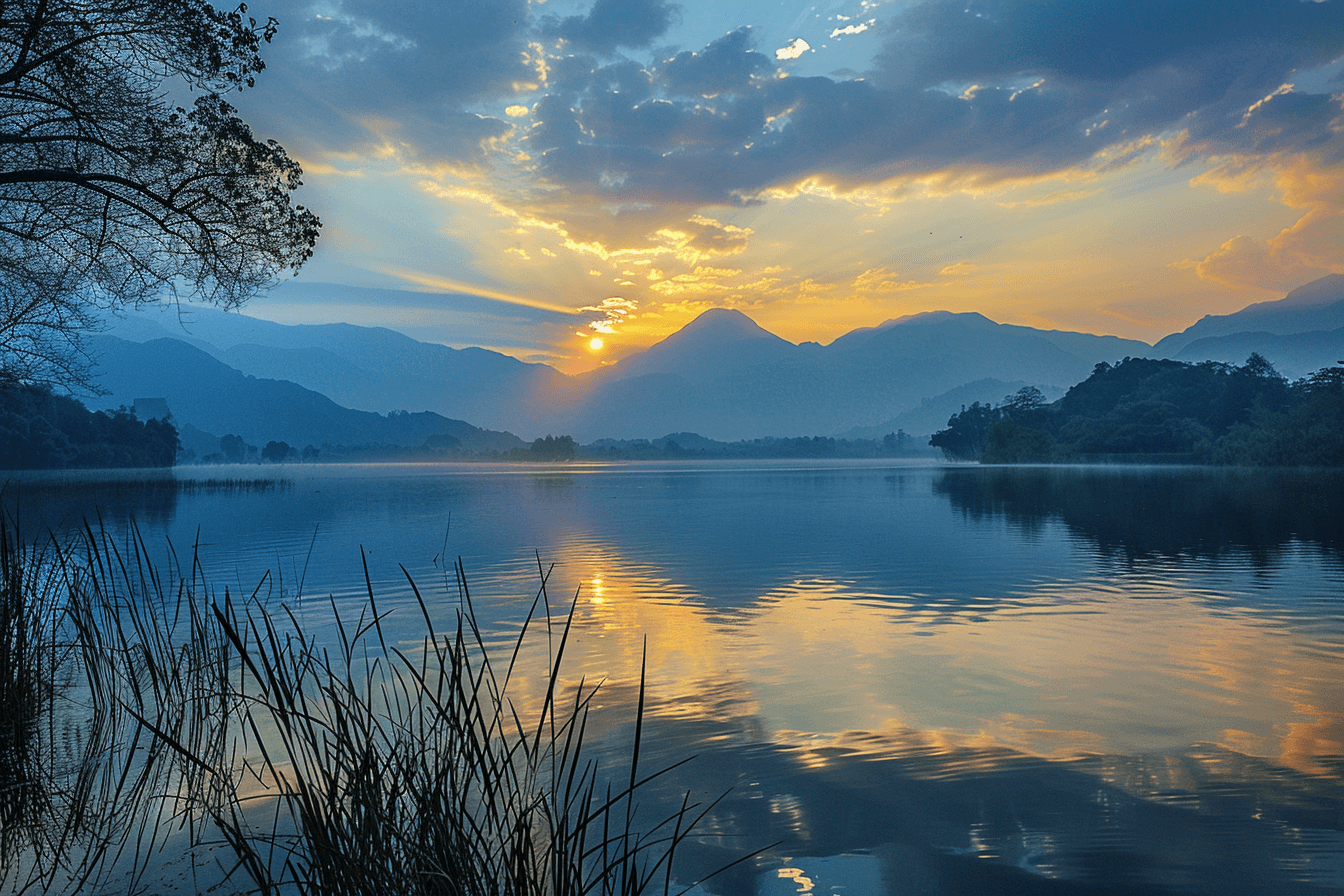 A calm lake with reeds in the foreground reflects a sunset behind distant mountains and a partially cloudy sky.