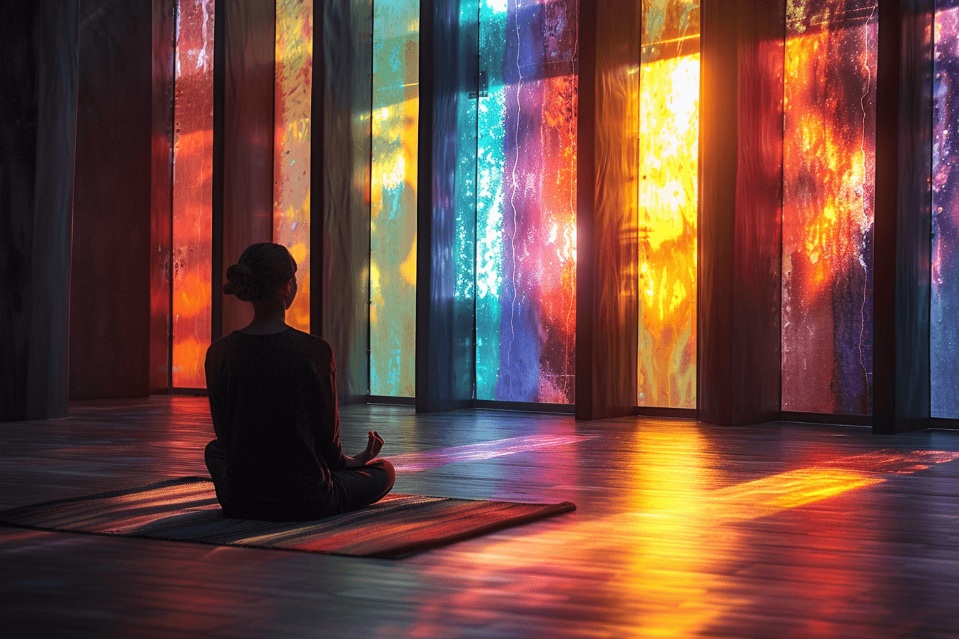 A person sitting cross-legged on a rug in a peaceful room with floor-to-ceiling stained-glass windows.