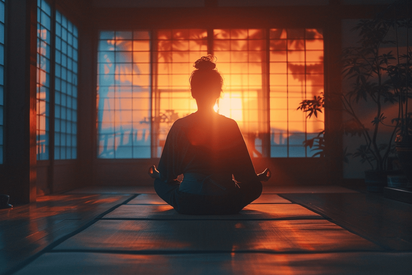 Person meditating in a traditional room illuminated by an orange sunset.