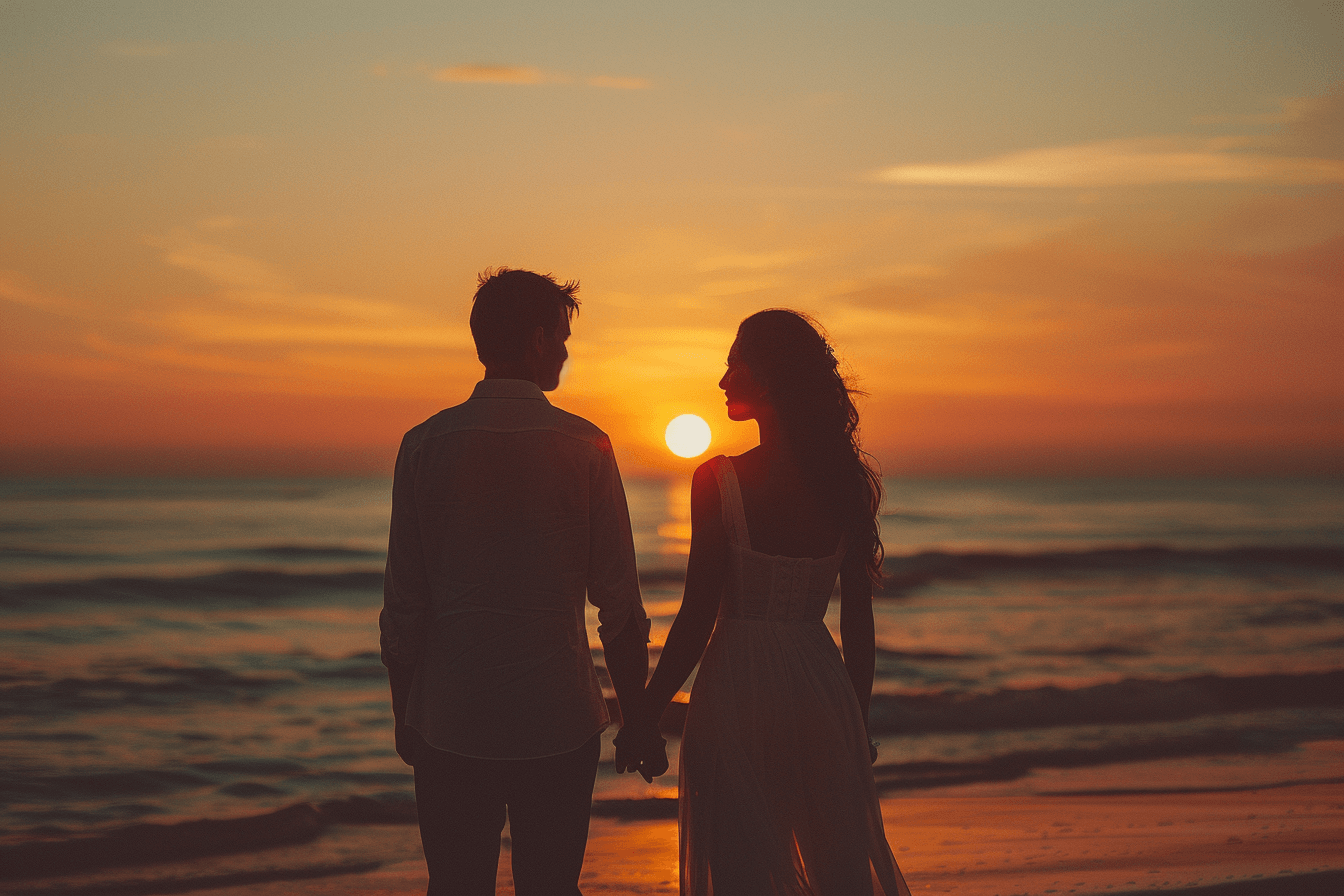 A couple holds hands while standing on a beach at sunset, facing the ocean.