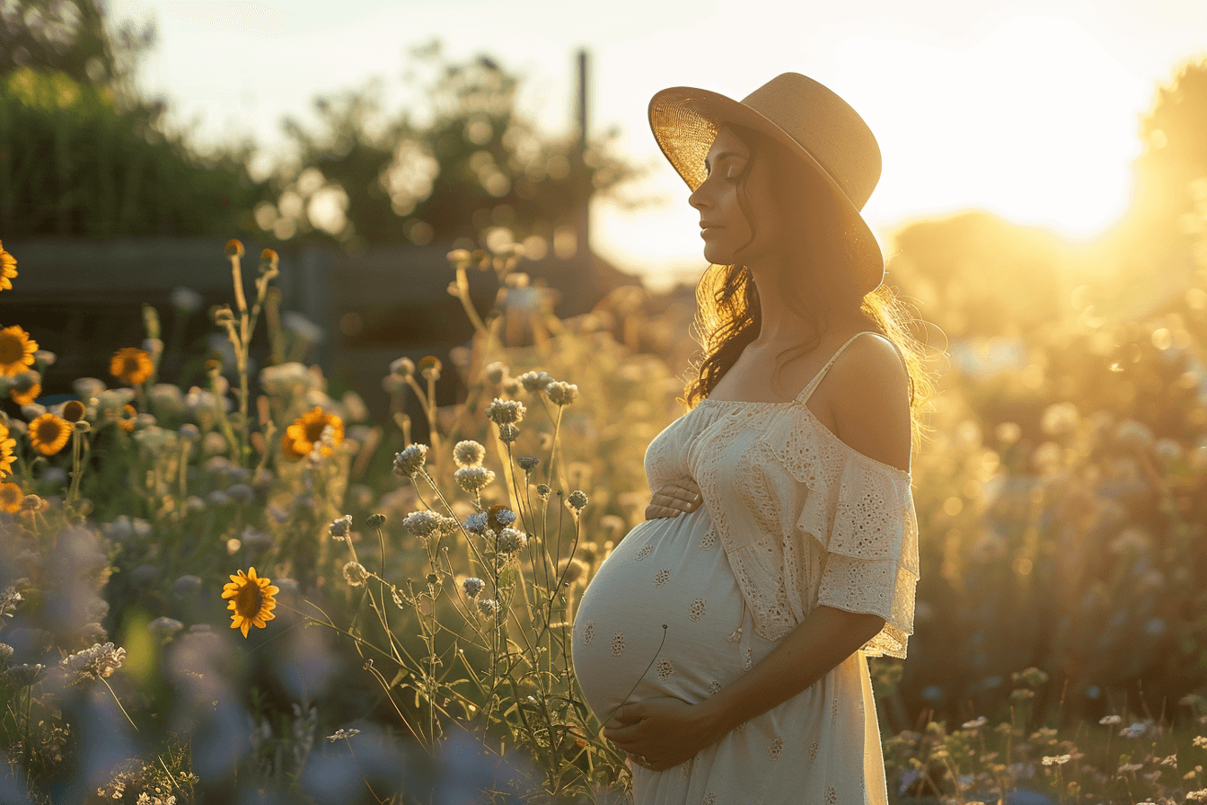 A pregnant woman in a white dress and sunhat stands in a sunlit field of wildflowers.