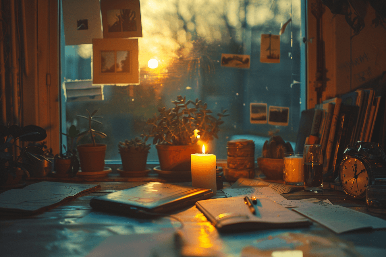 A cozy workspace bathed in the warm glow of sunset.