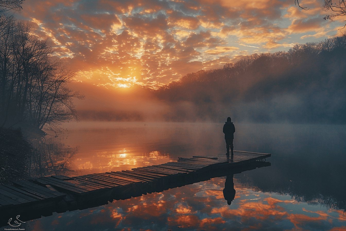 Person standing on a wooden dock gazing at the foggy lake with sunset sky filled with clouds.