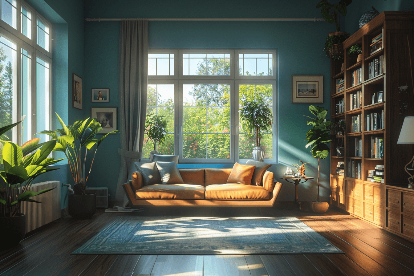A cozy living room bathed in sunlight with a large window overlooking a garden.