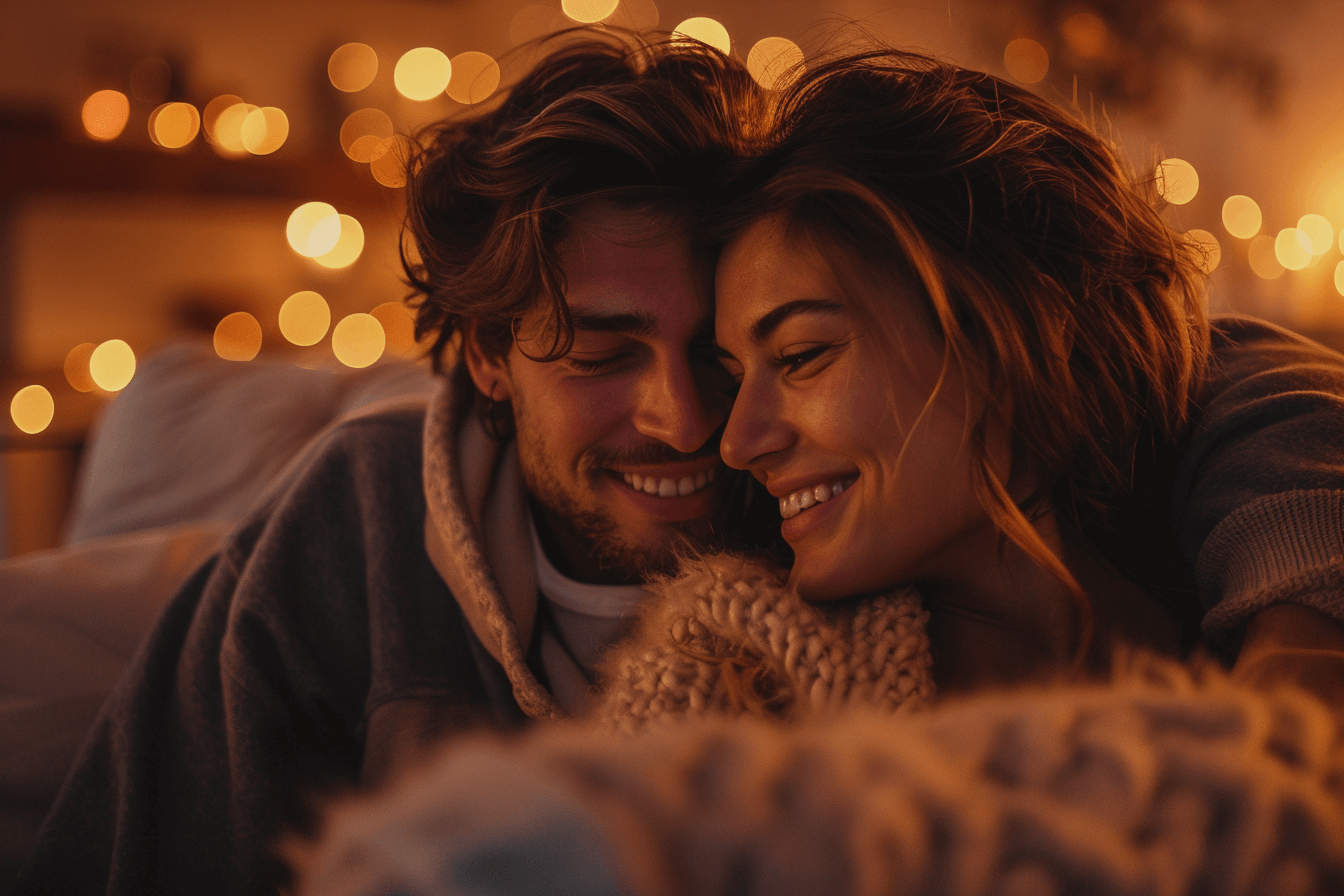 A couple is snuggling close and smiling warmly at each other