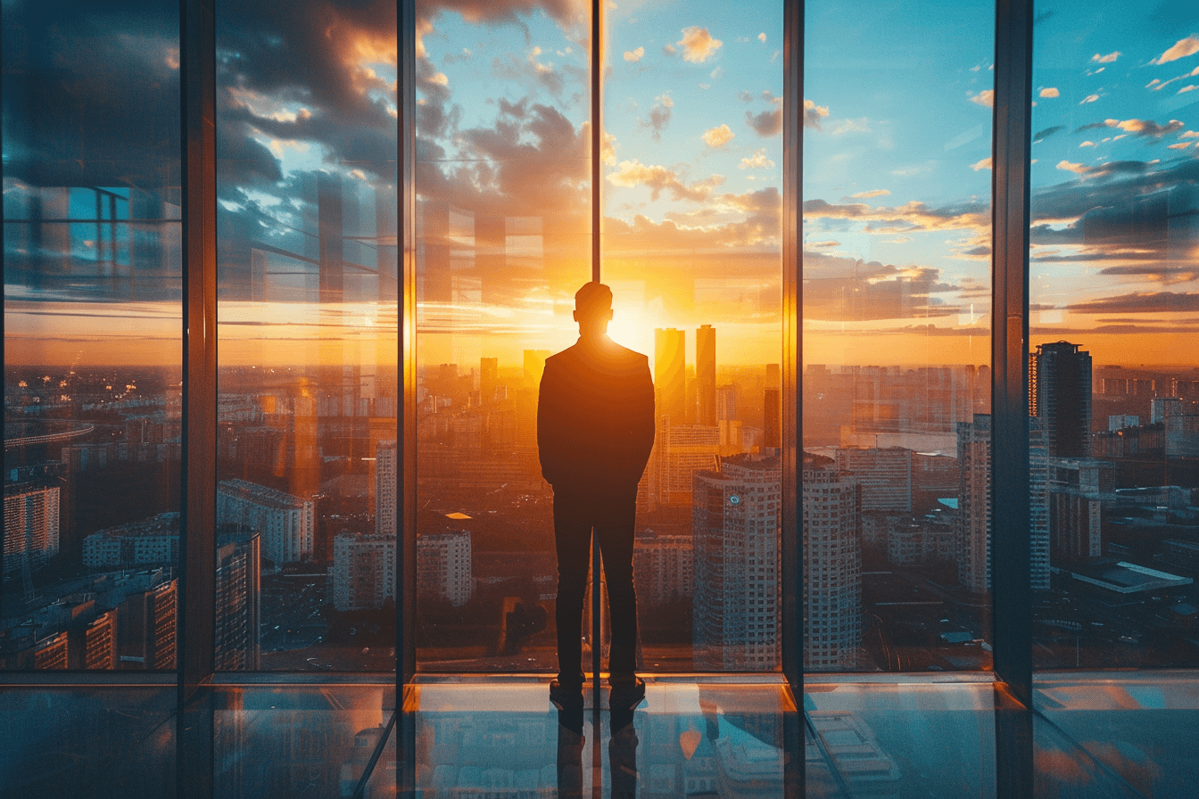 A person in a suit stands in front of a large window, overlooking a cityscape during sunset.