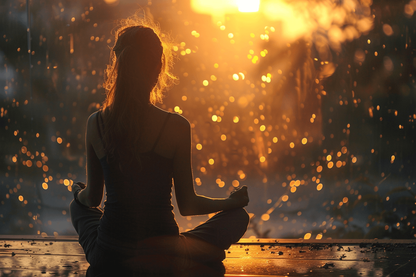 A person sits cross-legged on a flat surface, silhouetted against a golden sunset.