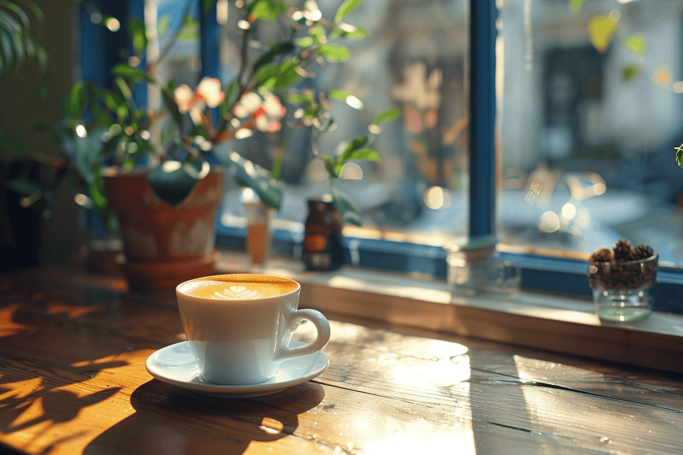 A serene coffee shop scene with a white cup of frothy cappuccino on a wooden table.