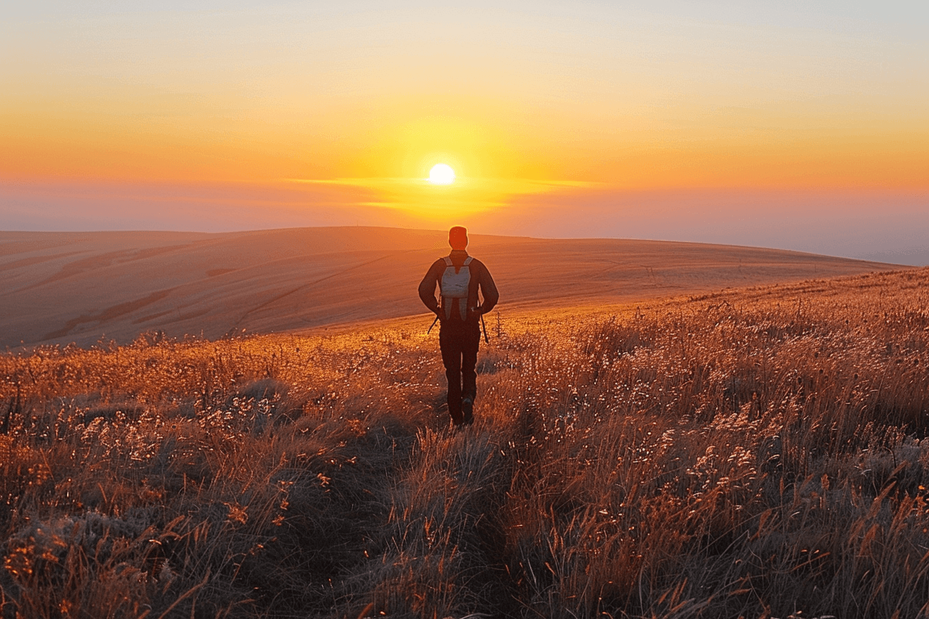 A person with a backpack walks through a golden grassy field at sunrise or sunset.