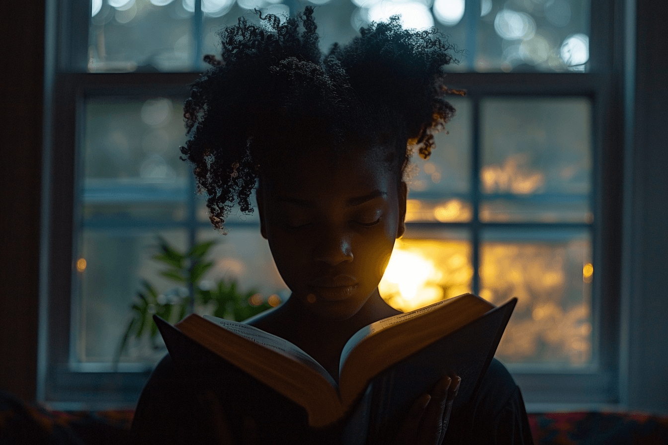 A person with curly hair reads a Bible, a window during sunset.