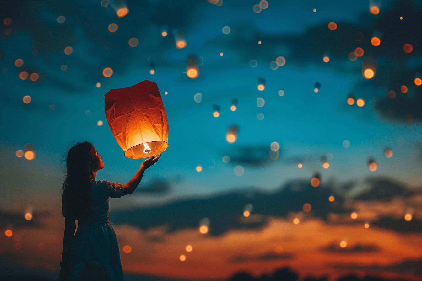 A young girl releases a glowing lantern into the evening sky.