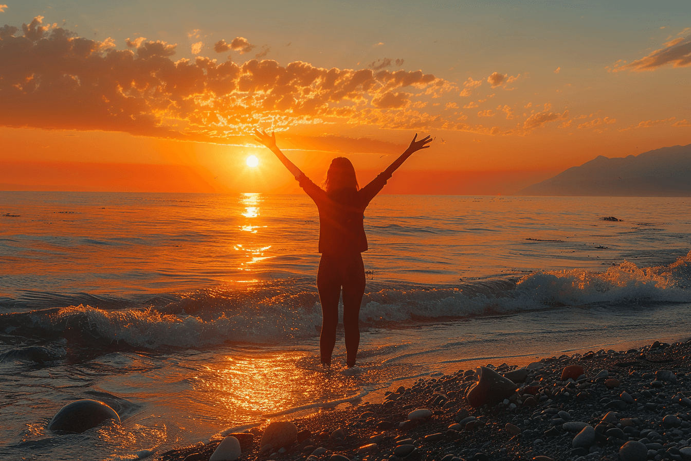 A person stands at the edge of the sea with their arms raised, facing a vibrant orange sunset. 