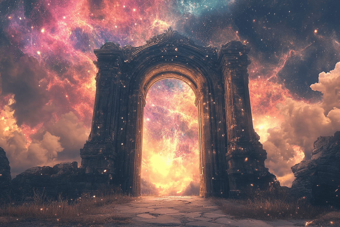 An ancient stone archway representing Lion's Gate Portal in a celestial world