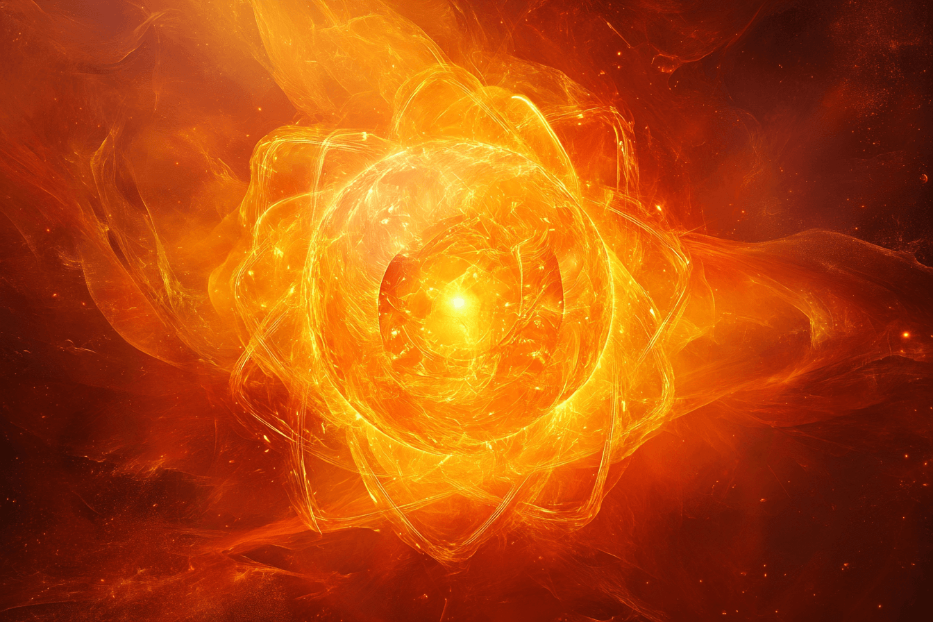 A glowing, abstract representation of an atom with swirling, fiery orange.