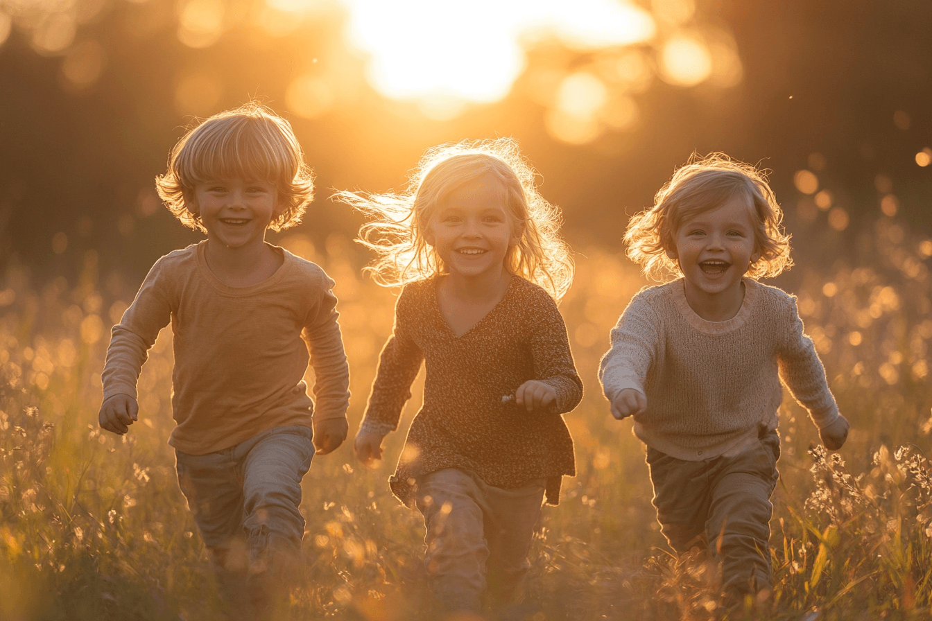 Three children run happily through a grassy field at sunset, bathed in warm golden light.