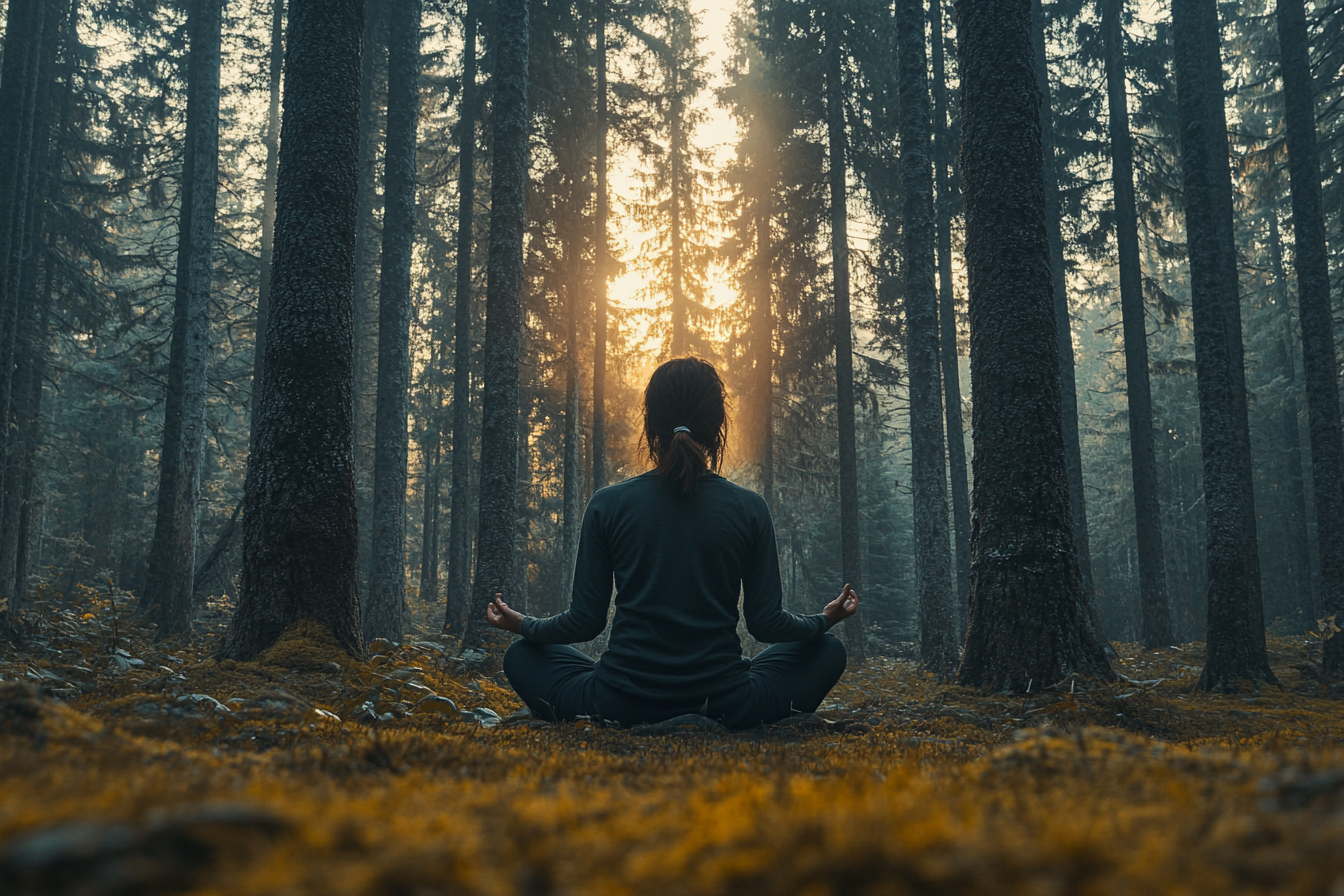 A woman sits cross-legged in a serene forest, meditating peacefully as the sun sets, casting warm hues around her.