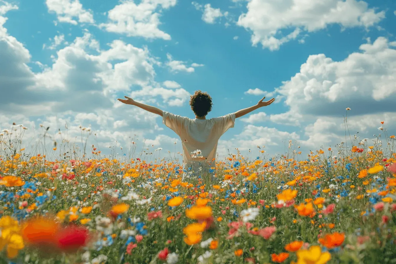 A man with arms wide open in a colorful flower field, symbolizing joy and connection with nature.